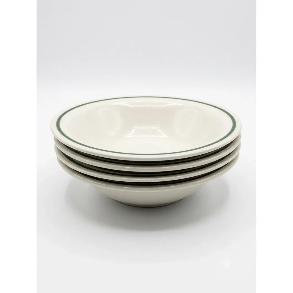 Mount Clemens Pottery Cream Green Band Soup Cereal Bowls Dinerware Set of 4